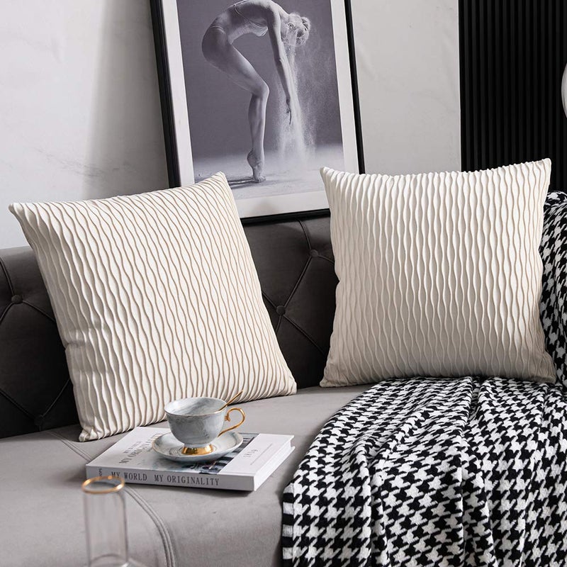 DEZENE Ivory White Couch Pillow Covers: 2 Pack 20x20 Inch Original Striped Velvet Square Throw Pillow Cases for Farmhouse Home Decor - Image 2
